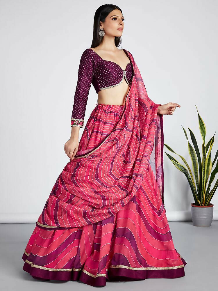 House of Panchhi Rose Organza Siroski Stone Work Leheriya Print Lehenga Choli & Dupatta | Swadesiicart
