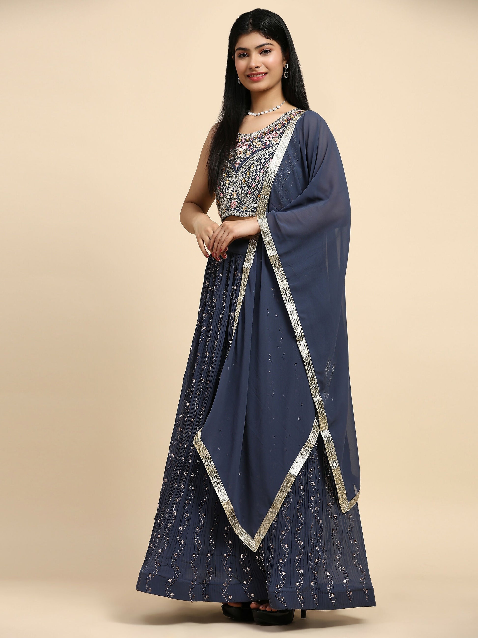 Dark Grey Georgette Embroidered Lehenga choli with Dupatta - Dhara | Swadesiicart
