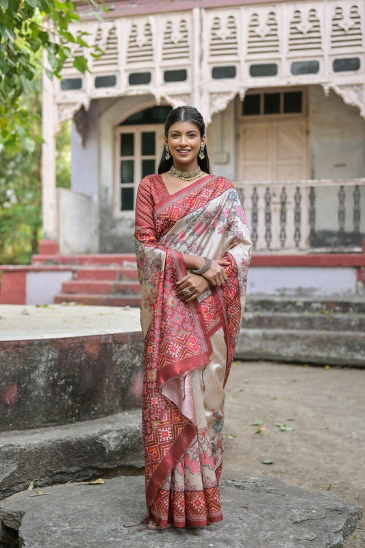 Vishnu Weaves Women's Coffee Soft Tussar Silk Small Zari Woven Border Saree with Blouse - Swadesiicart