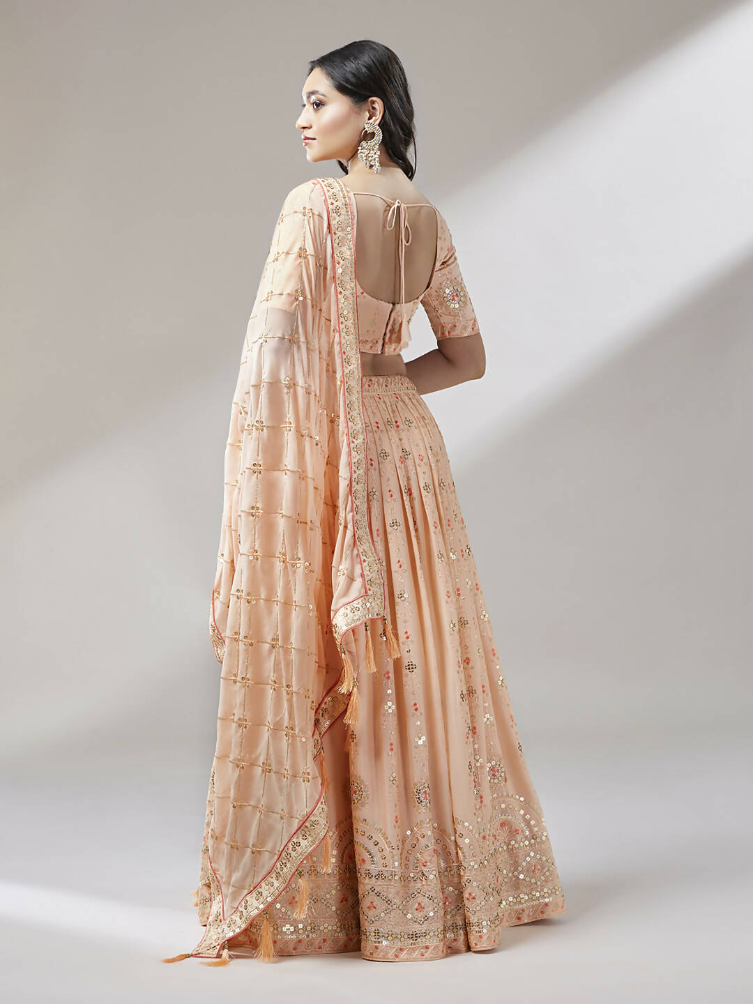House of Panchhi Women Peach Pure Georgette Embroidered Lehenga & Blouse, Dupatta | Swadesiicart