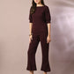 Myshka Women's Coffee Brown Solid Boat Neck Party Top With Trousers Co-ord set - Swadesiicart