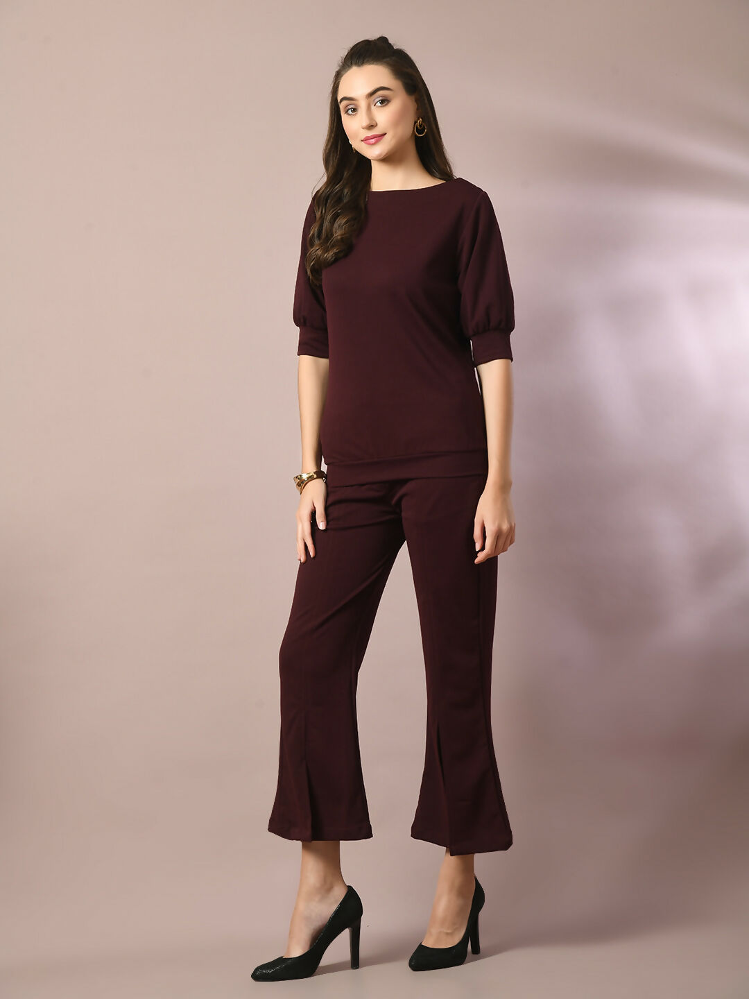 Myshka Women's Coffee Brown Solid Boat Neck Party Top With Trousers Co-ord set - Swadesiicart