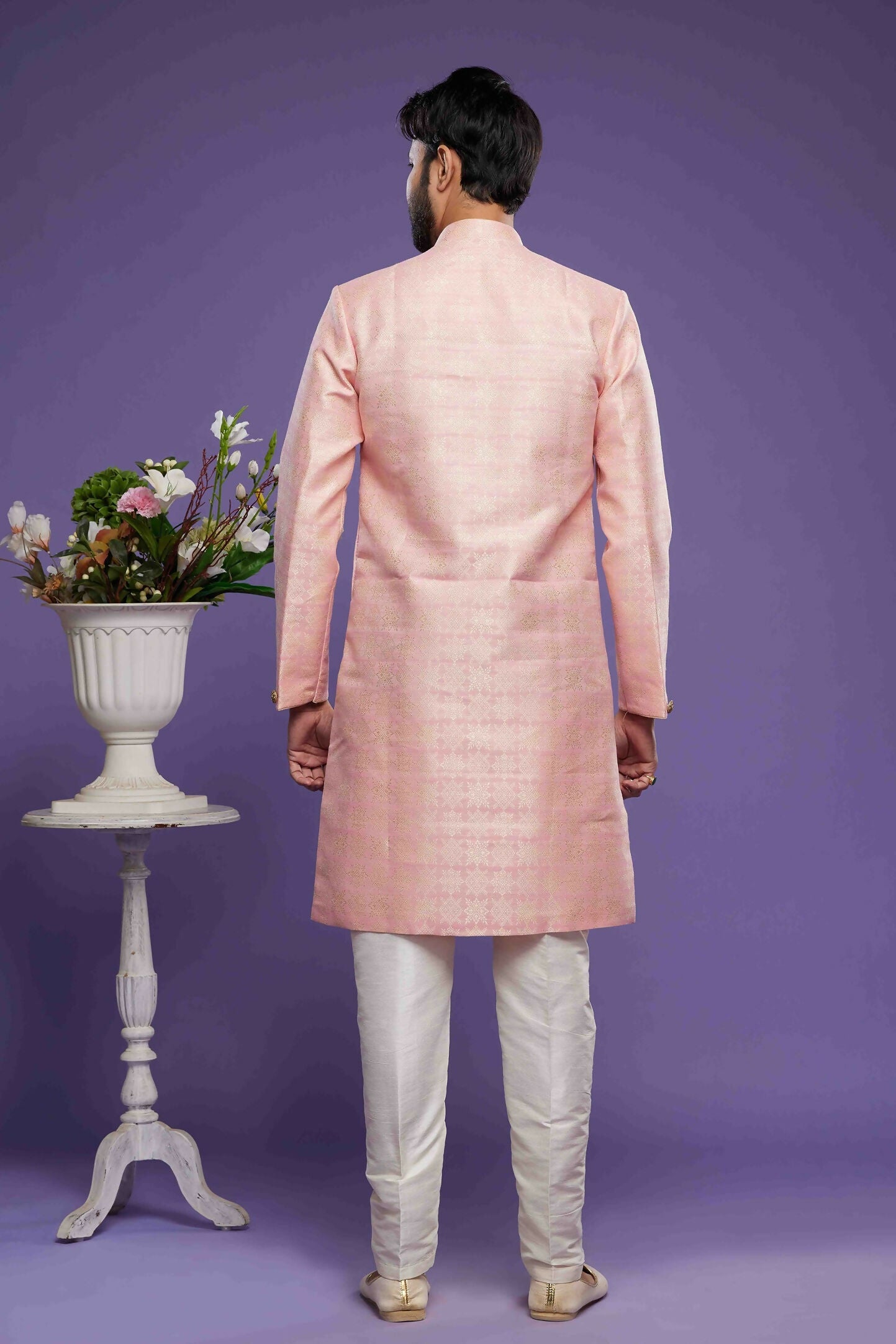 Raivat Ethnic Banarasi Jacquard Embroidery Semi Indo Western Sherwani In Pink Colour | Swadesiicart