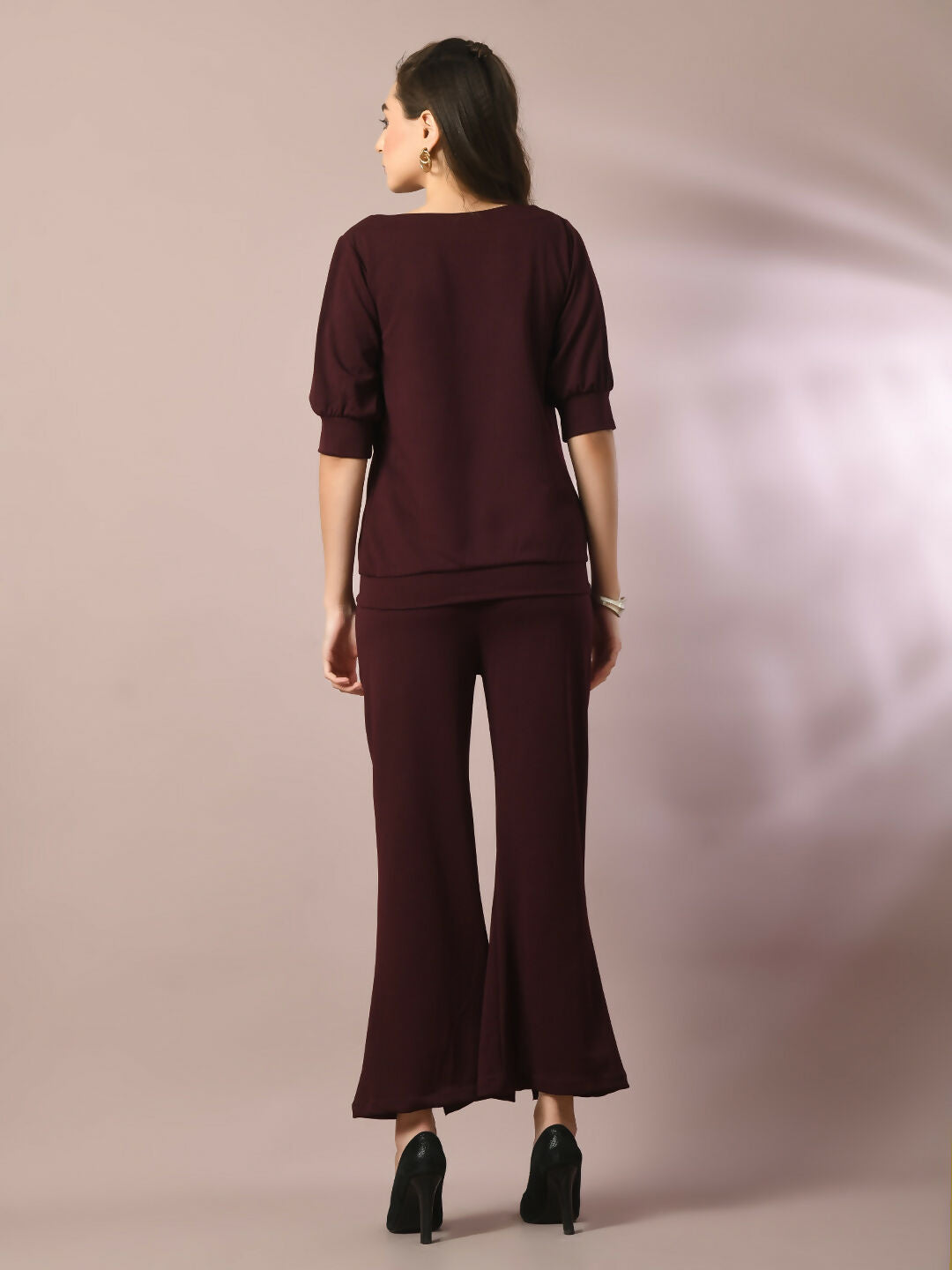 Myshka Women's Coffee Brown Solid Boat Neck Party Top With Trousers Co-ord set - Swadesiicart