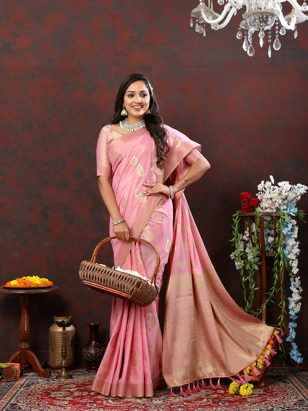 Lorenvalley Fashion Pink Cotton Woven Design with Zari Weaving Design Saree - Swadesiicart