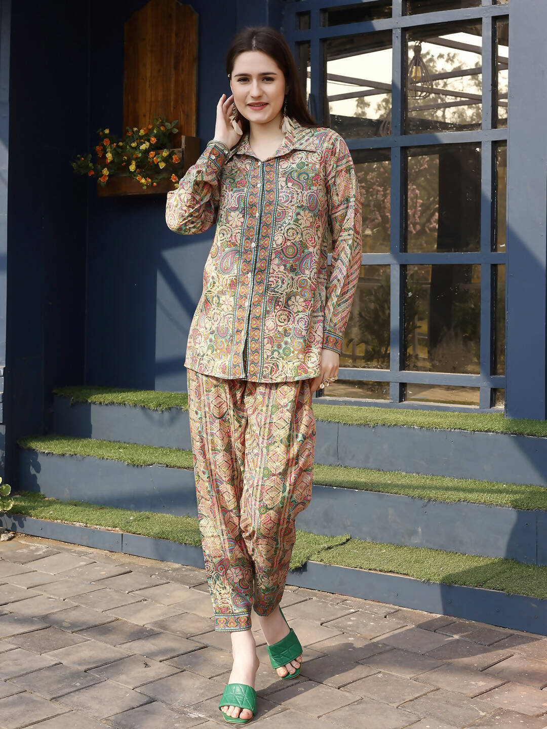Orange & Green Rayon Paisley & Floral Printed Top with Matching Bottom - Eesha - Swadesiicart
