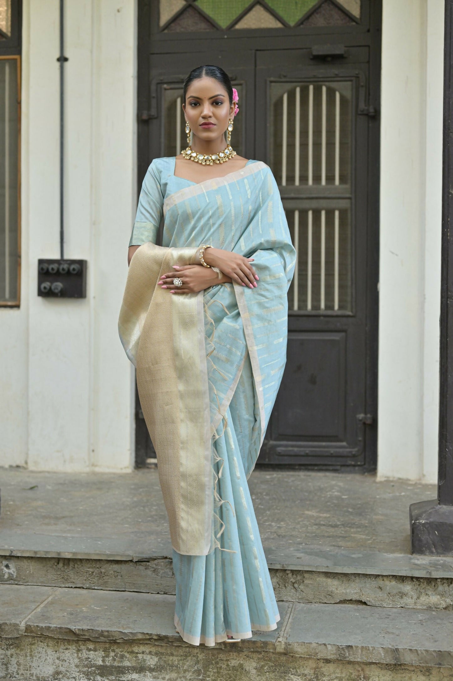 Vishnu Weaves Women's Firozi Premium Tussar Silk Saree with Blouse - Swadesiicart