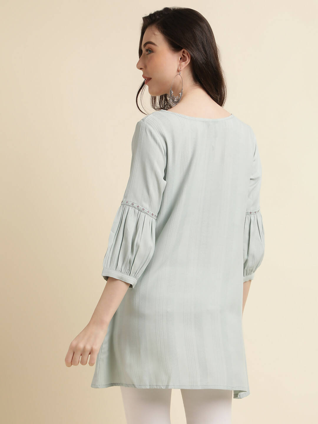 Light Blue Poly Cotton Yoke Embroidered A-line Top - Tarini - Swadesiicart