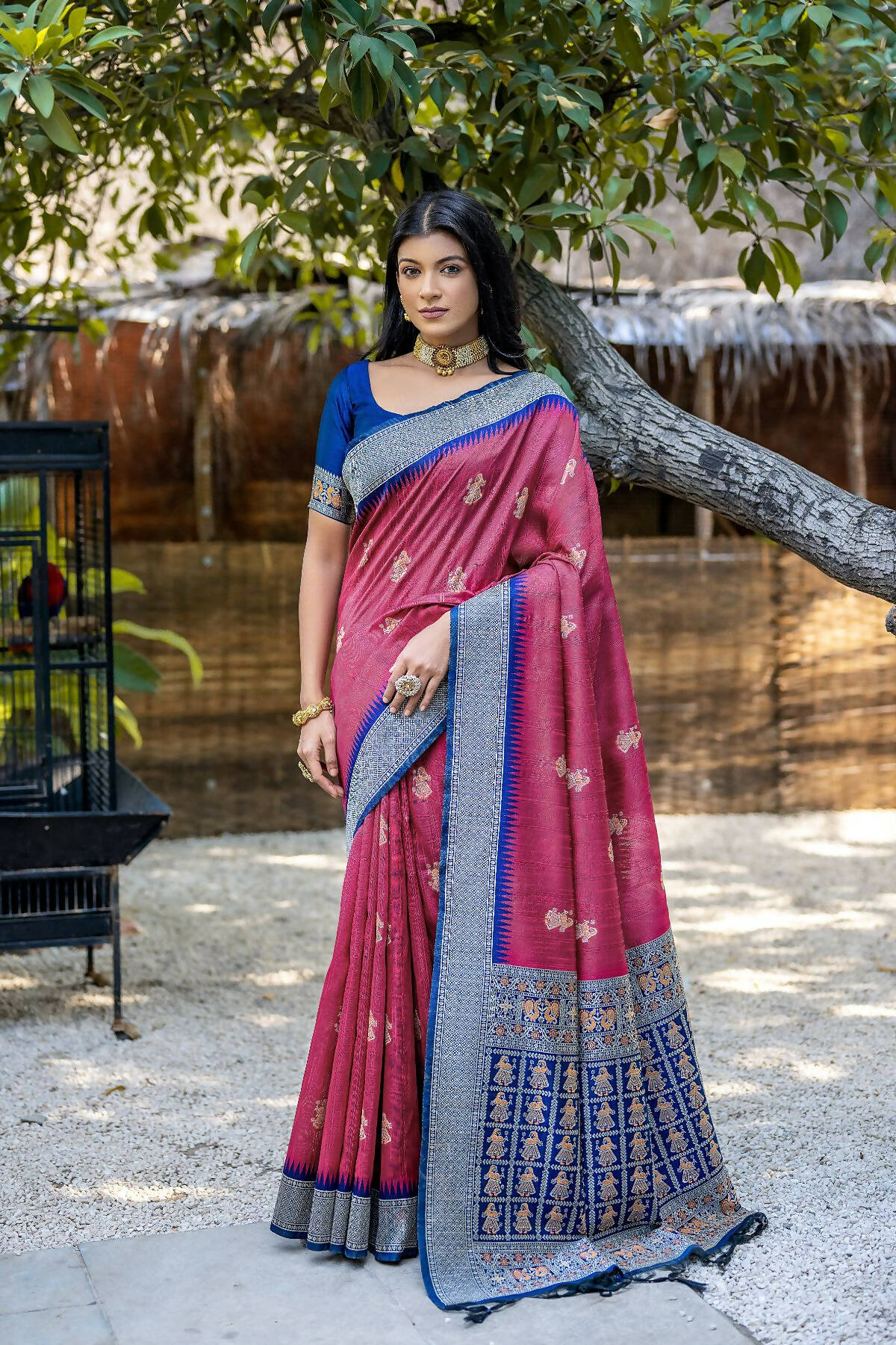 Vishnu Weaves Women's Pink Tussar Silk Zari Woven Saree with Blouse - Swadesiicart