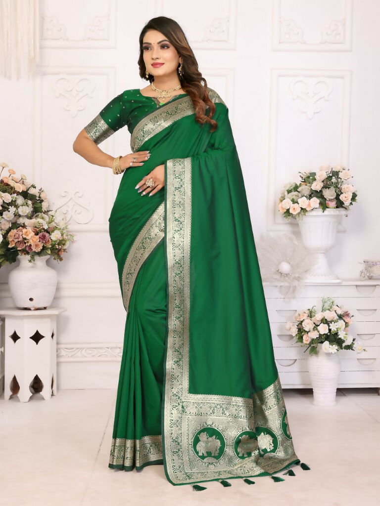 Anaita Dark Green Banarasi Silk With Beautiful Gala Weaving Saree With Blouse | Swadesiicart