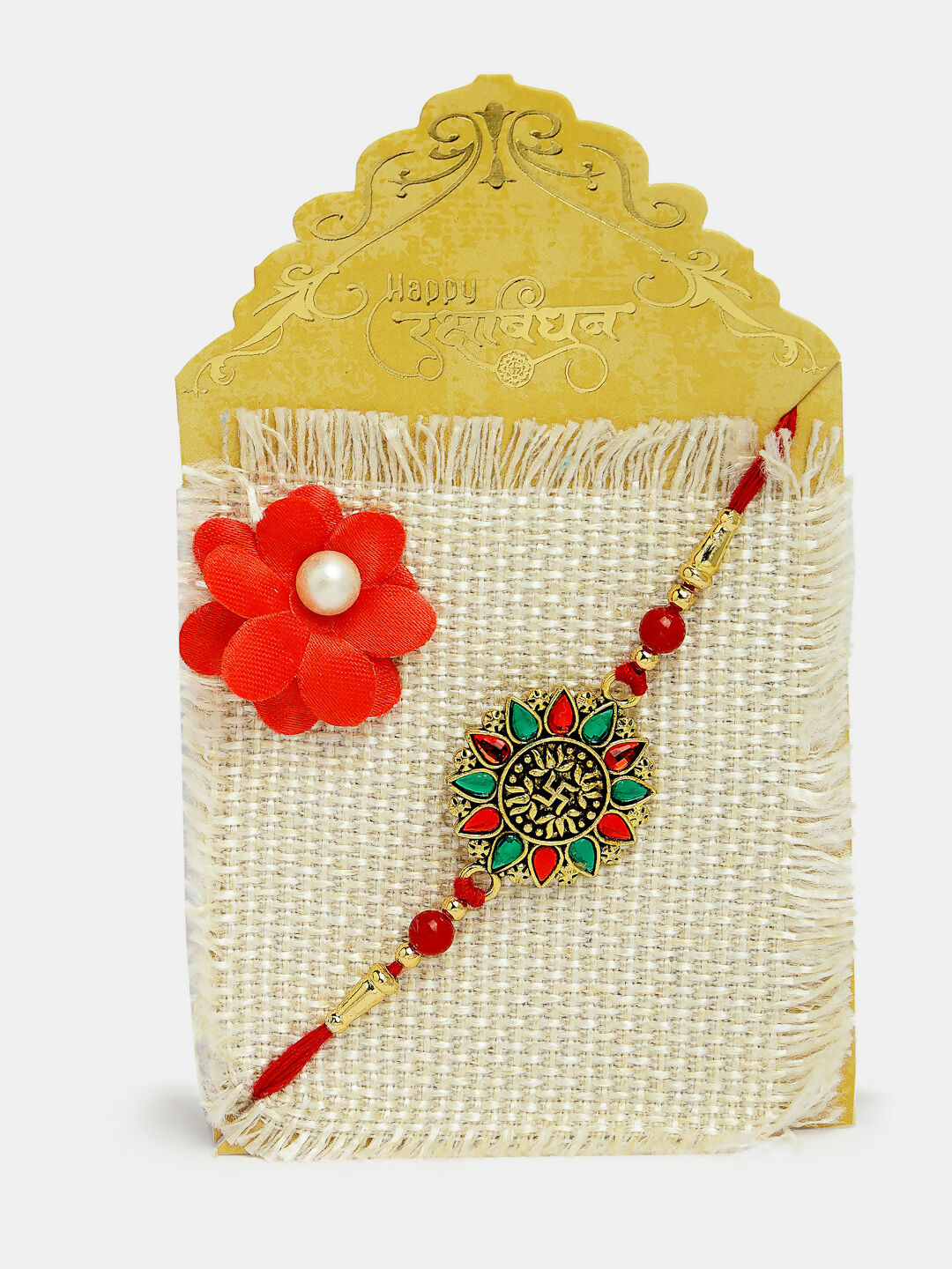 NVR Men Red & Gold-Toned Stone-Studded Rakhi With Roli Chawal | Swadesiicart