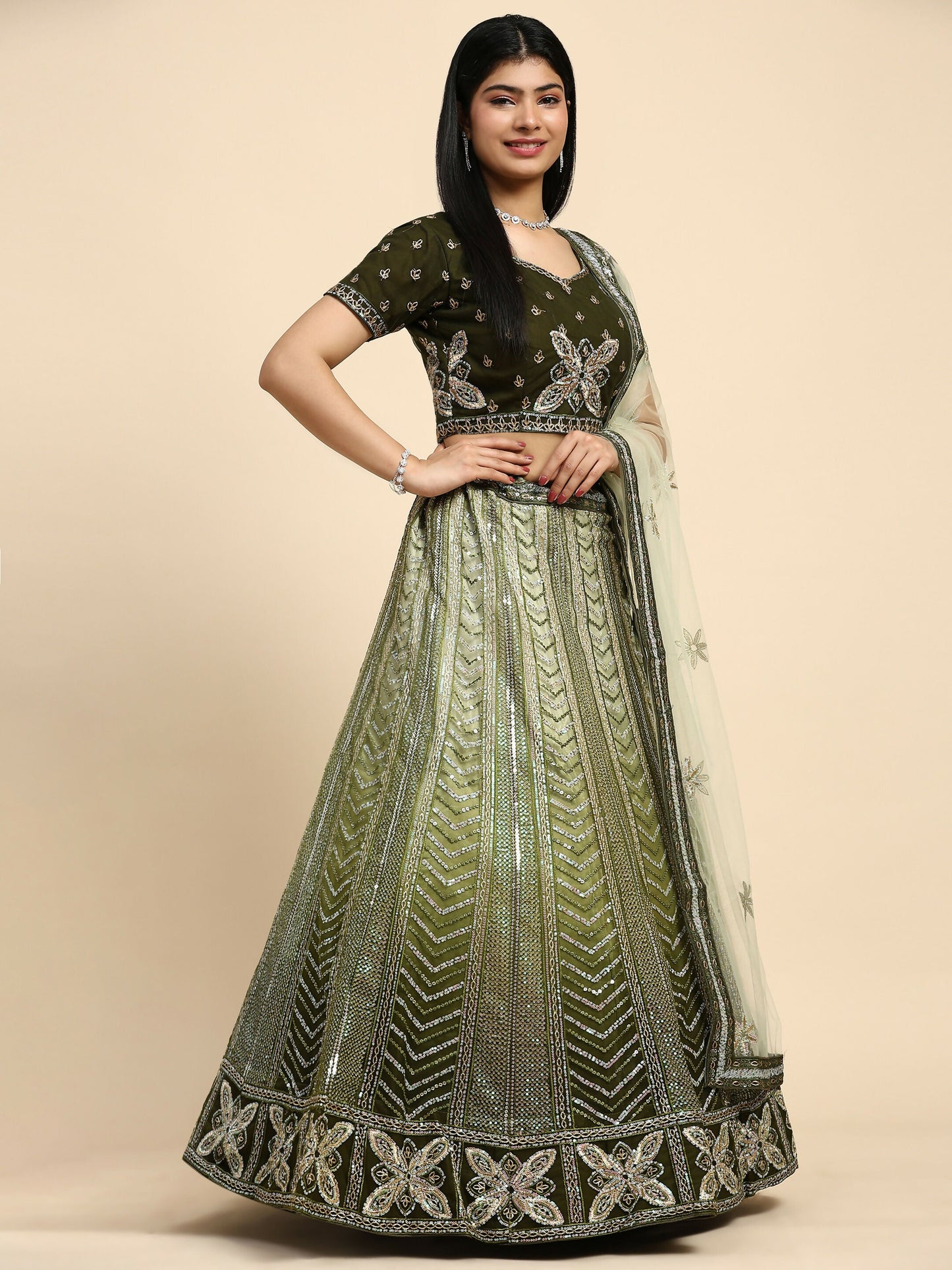 Green Fancy Net Sequence Embroidered Lehenga Choli with Dupatta - Dhara | Swadesiicart
