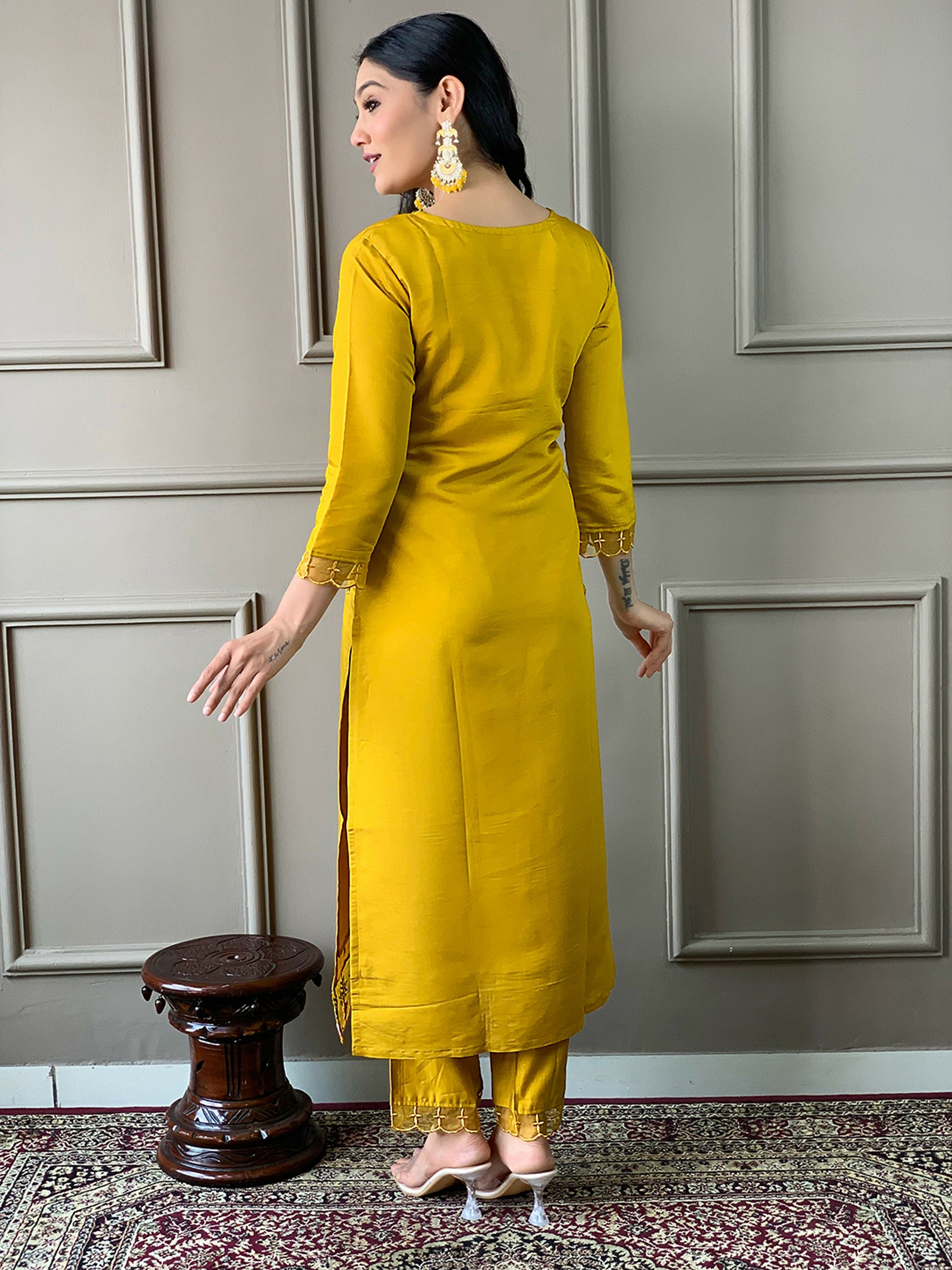 Partywear Designer Chanderi Mustard Stitched Suit With Dupatta - Tanisha | Swadesiicart