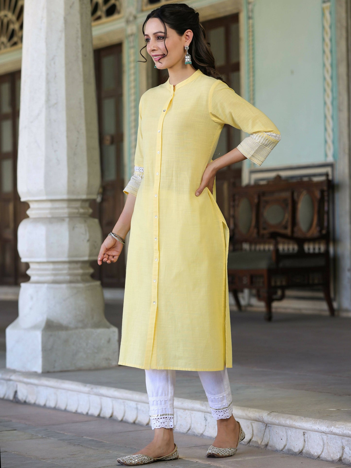 Juniper Women's Yellow Cotton Slub Embroidered Straight Kurta | Swadesiicart