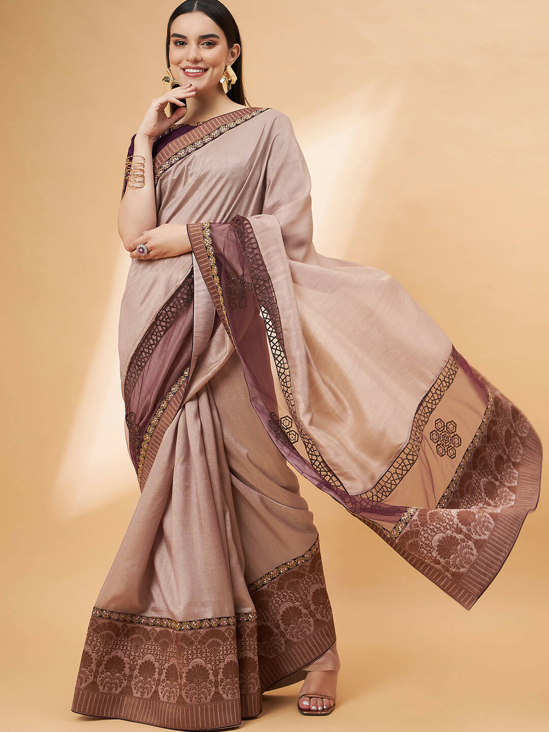 Beige, Purple Tussar Silk Zari, Thread And Cord Embroidery, Laser Cut Applique Saree - Norita Hit Design - Swadesiicart