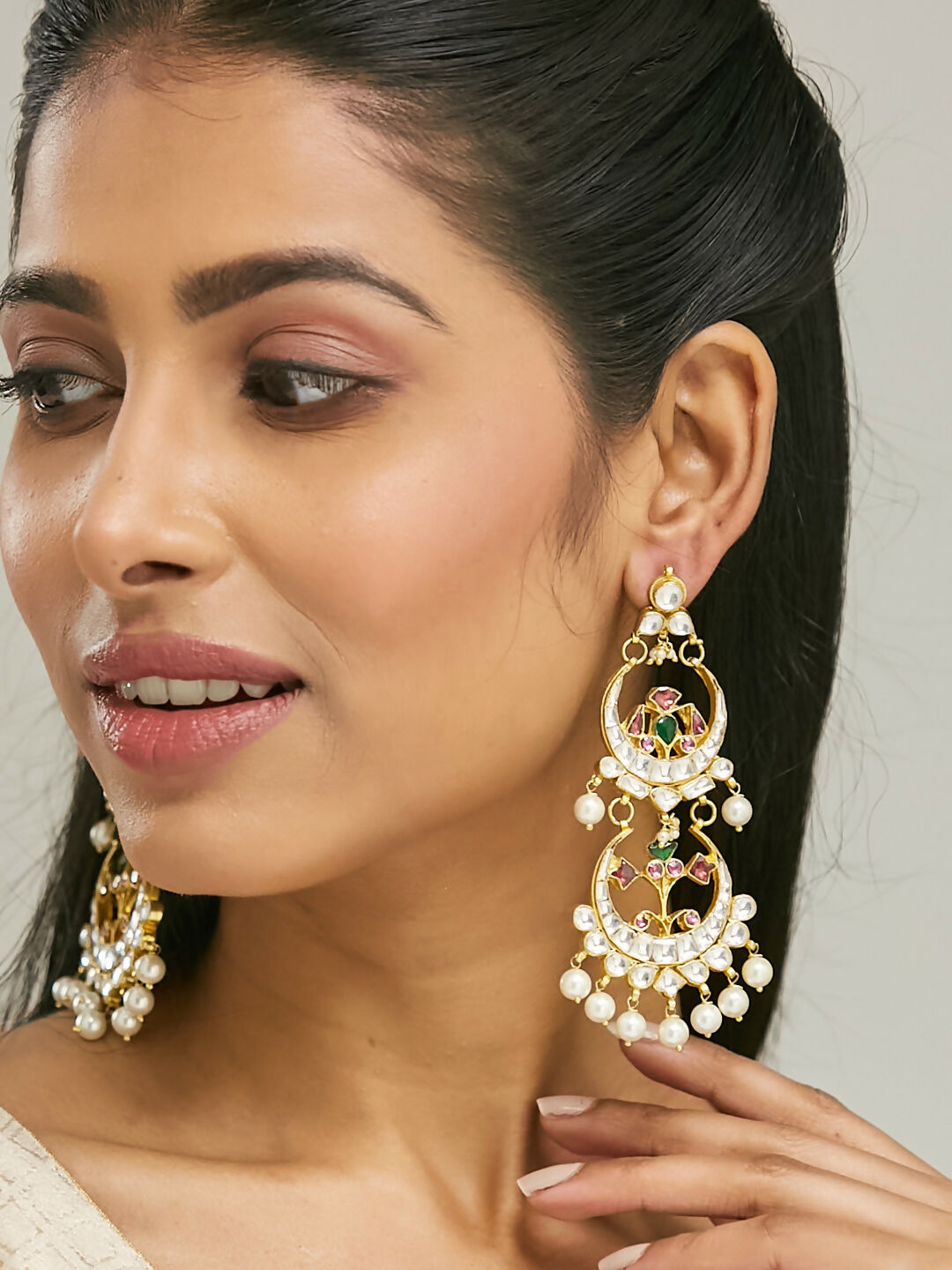 Nuyug 22K Gold-Plated Kundan Studded & Pearl Beaded Layered Chandbalis | Swadesiicart