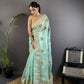 Joban Fashion Sky Blue Handloom Banarasi Organza Silk Khatali Butta Work Saree | Swadesiicart