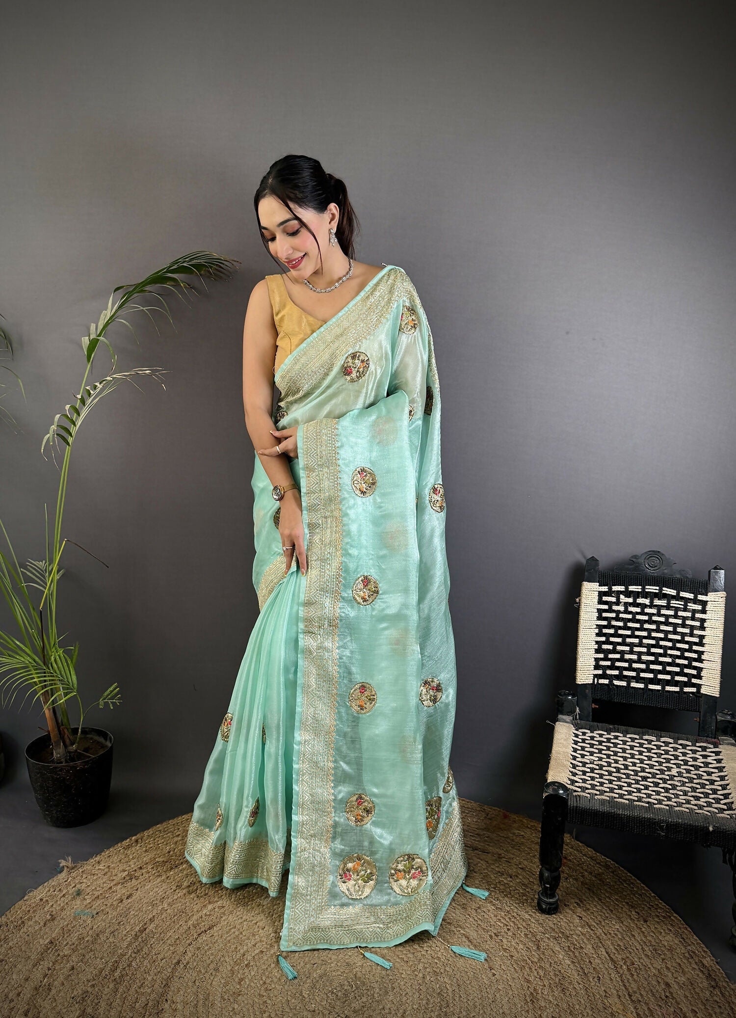 Joban Fashion Sky Blue Handloom Banarasi Organza Silk Khatali Butta Work Saree | Swadesiicart