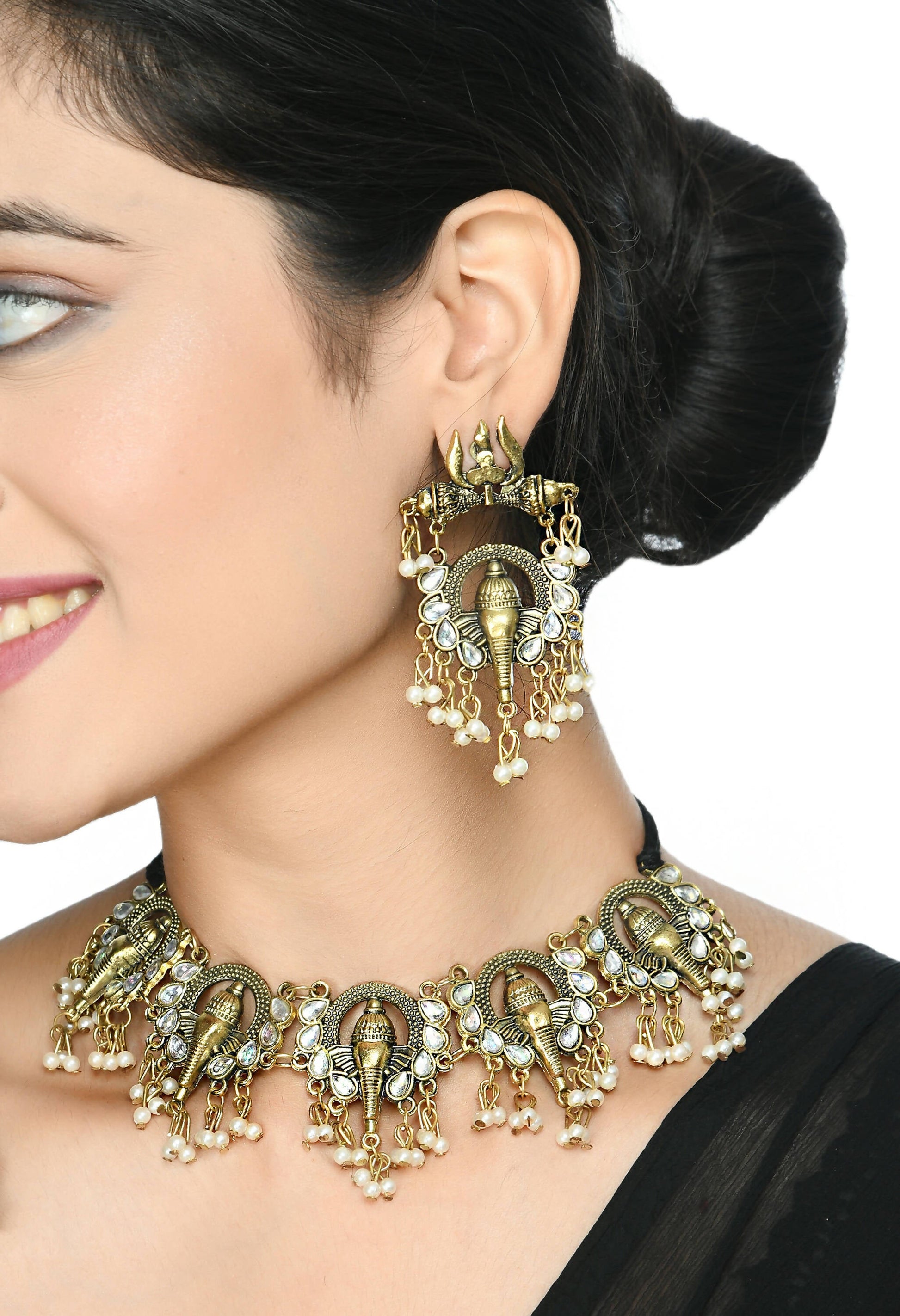 Mominos Fashion Johar Kamal Oxidised Gold-Polished Ganesha Design Necklace Choker Set | Swadesiicart