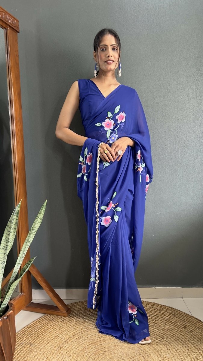 Aayaa Designer 1 min Hand Painted Ready to Wear saree - Navy Blue | Swadesiicart