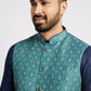 Ethnic India Indigo Blue Bundi Men's Jacket Geometric Polyester | Swadesiicart