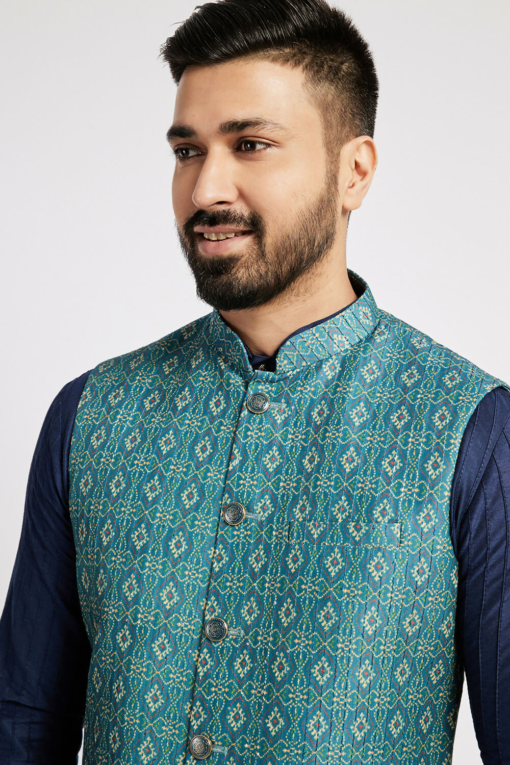 Ethnic India Indigo Blue Bundi Men's Jacket Geometric Polyester | Swadesiicart