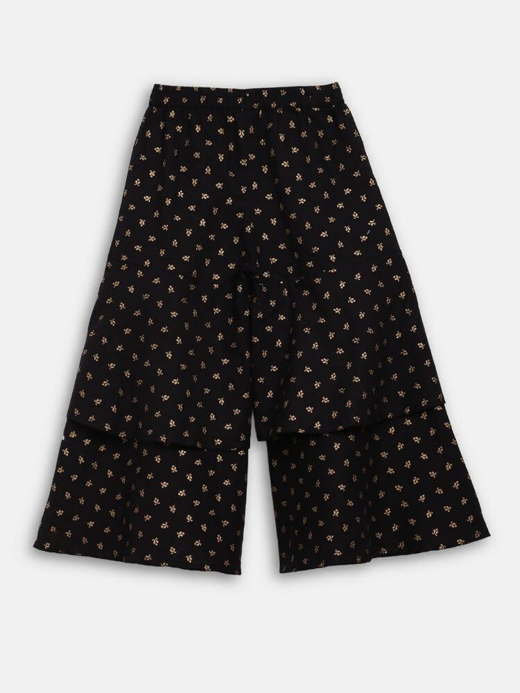 Ahalyaa Black Cotton Gold Print Kids Kurta Sharara Sets For Girls | Swadesiicart