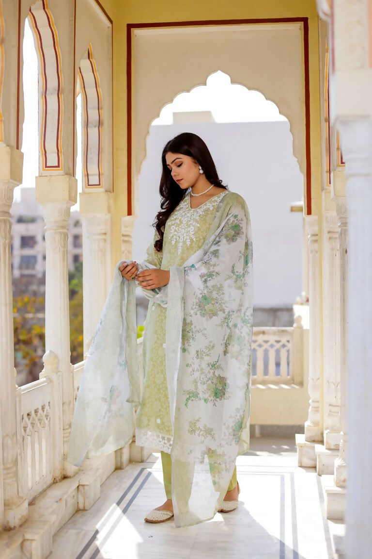 Vaasva Women Pista Green Linen Printed Kurta, Pant & Dupatta set | Swadesiicart