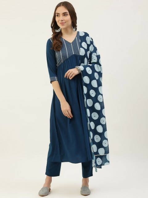 FIORRA Women's Turquise Poly Crepe Straight Kurta Pant With Dupatta - Swadesiicart