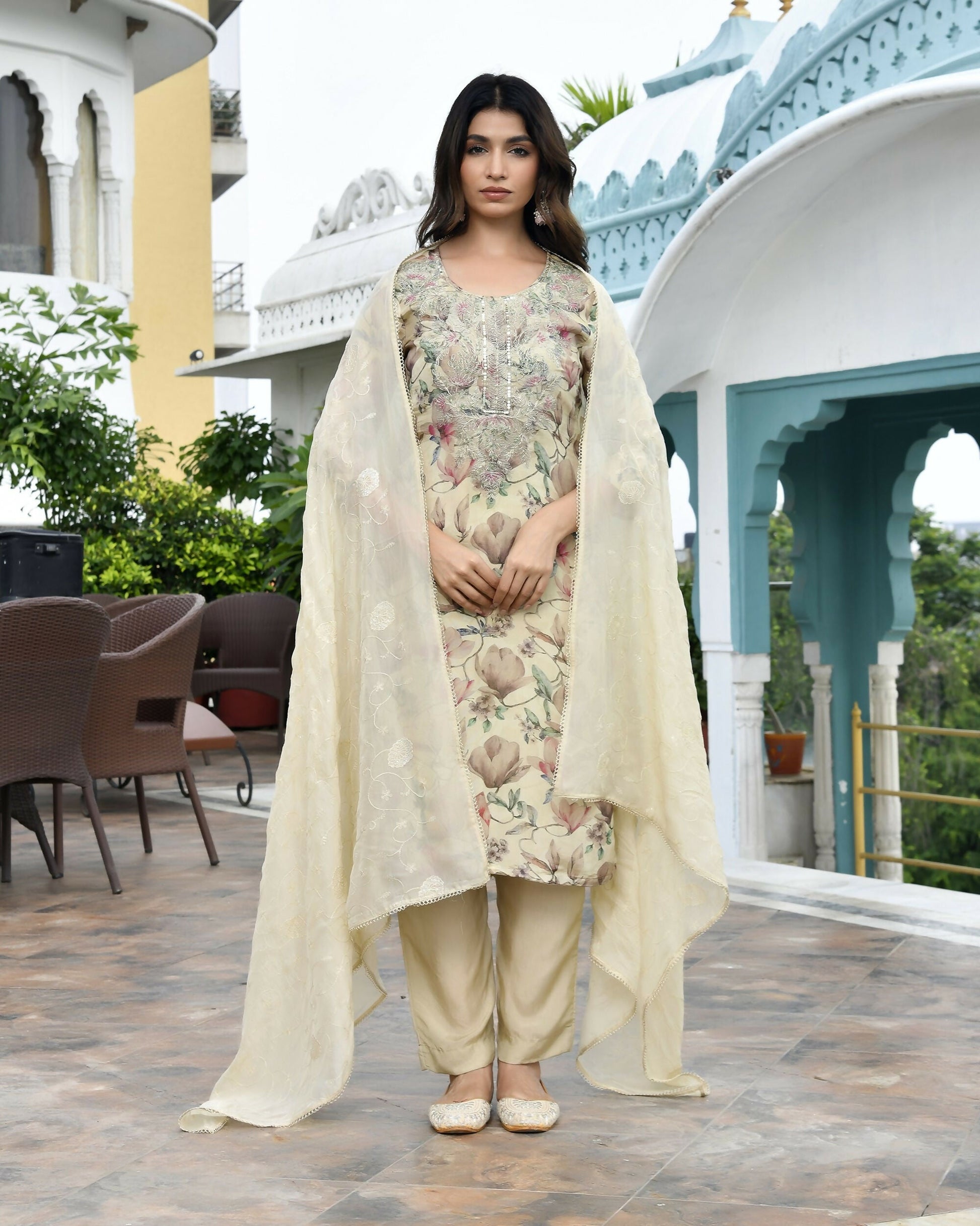 Vaasva Women's Cream Tissue Embroidered Suit Set With Solid Pant And Embroidered Dupatta | Swadesiicart