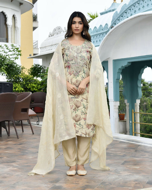 Vaasva Women's Cream Tissue Embroidered Suit Set With Solid Pant And Embroidered Dupatta | Swadesiicart