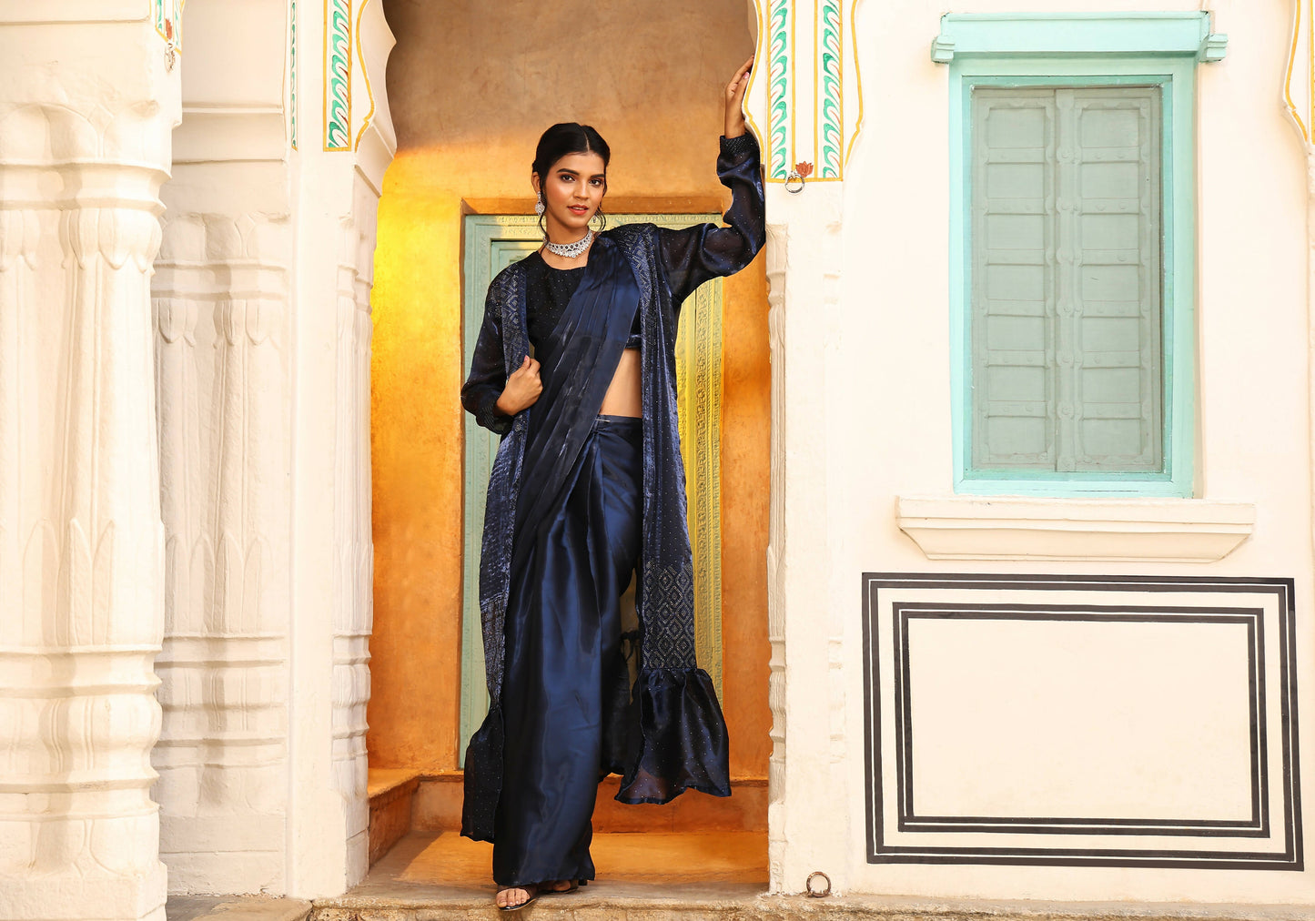 Navy Blue Tom Silk Plain Ready To Wear Saree With Stitched Blouse - Satiksha | Swadesiicart