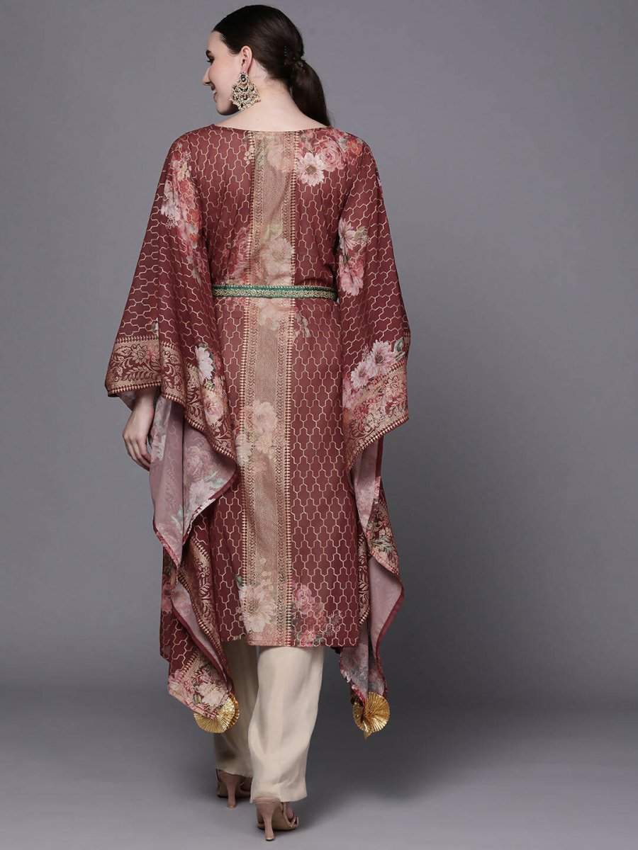Ahalyaa Women Maroon Floral Printed Flared Sleeves Kaftan Kurta | Swadesiicart