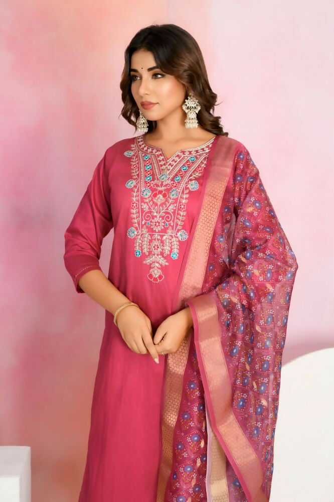 Ethnic Festive Wear Chanderi Red Stitched Suit With Dupatta - Tanisha | Swadesiicart