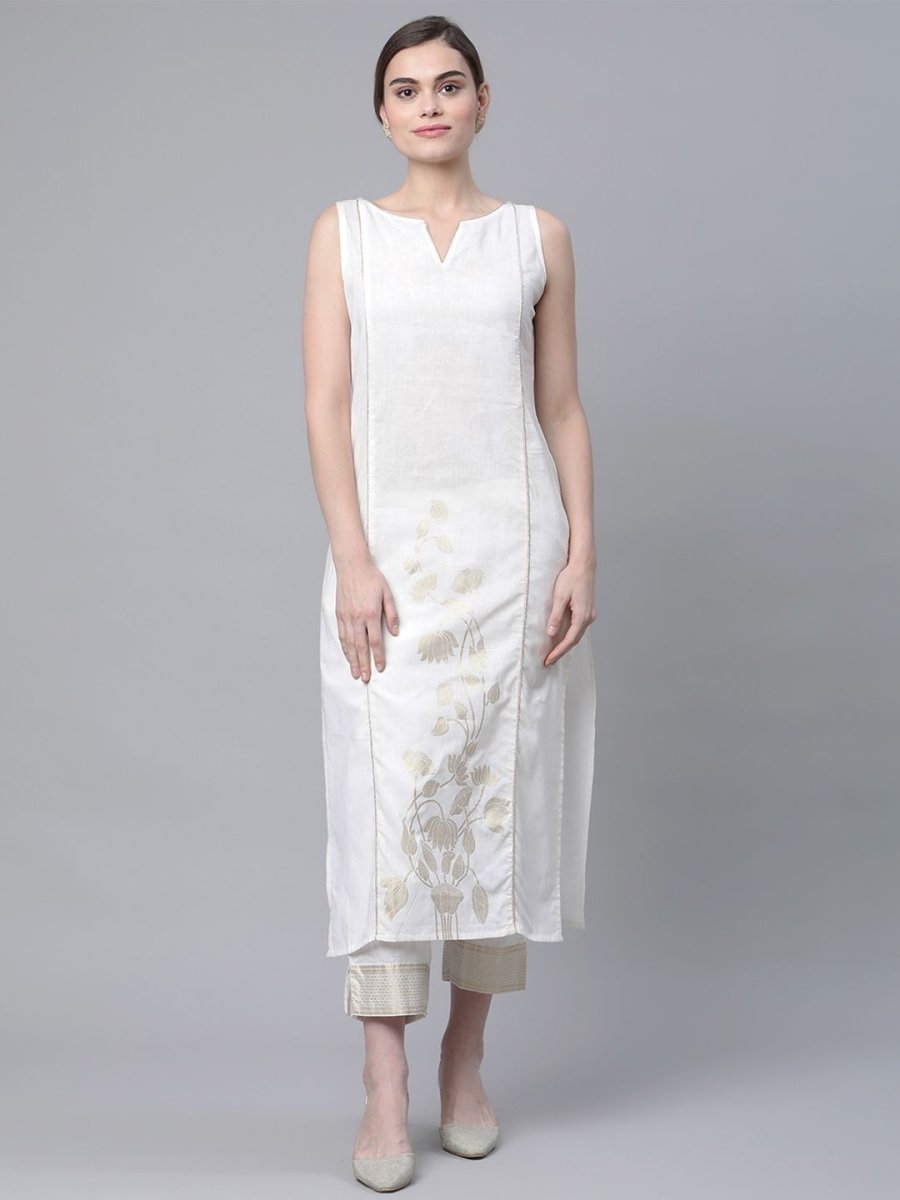Ahalyaa Women Off White Pure Cotton Printed Kurta with Trousers | Swadesiicart