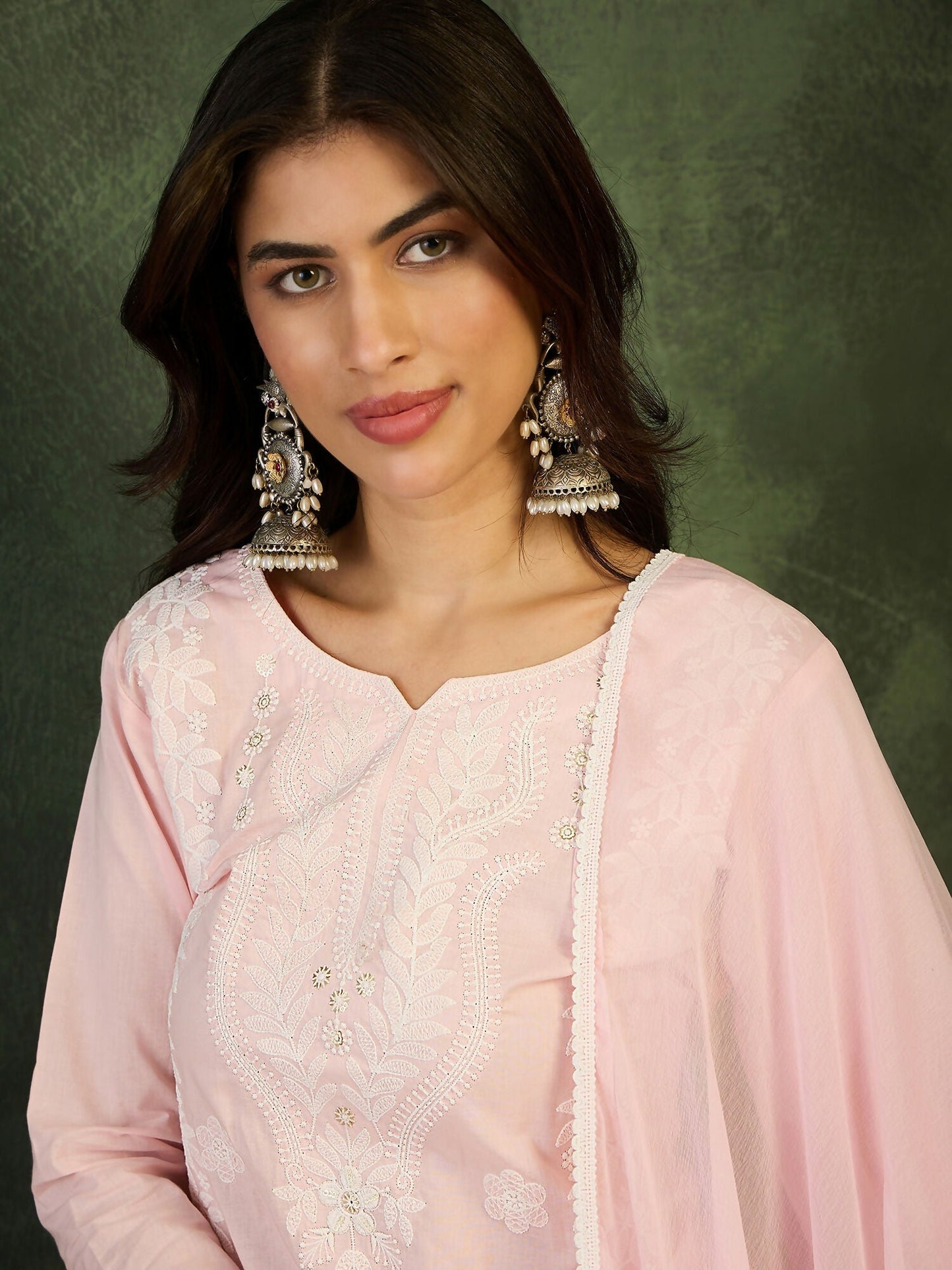 The52 Baby pink Women's Gorgeous Cotton Blend Fabric Thread Work Straight Kurta, Pant and Dupatta Set - Swadesiicart