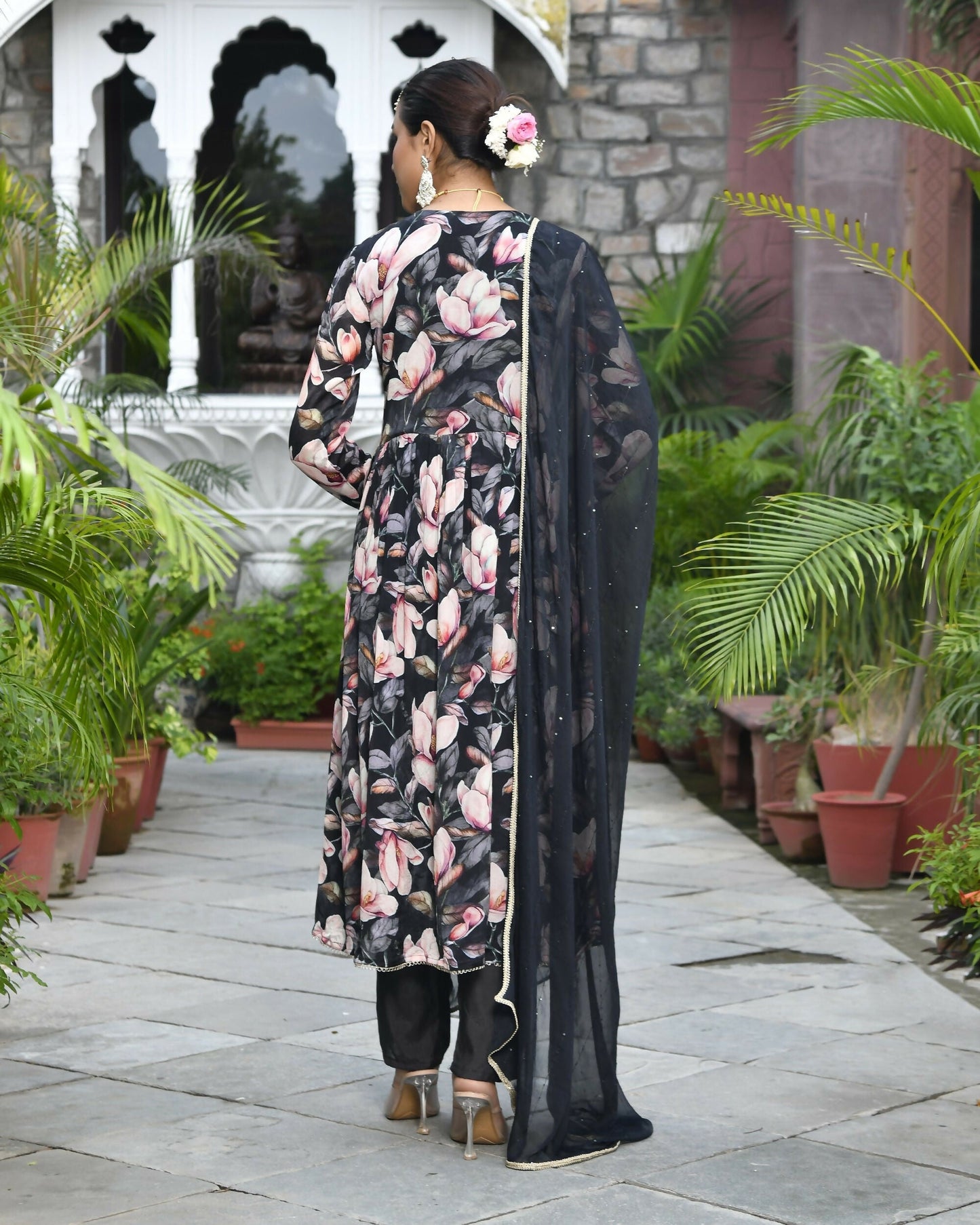 Vaasva Women's Chinon Emboidered Angrakha Anarkali Set With Solid Pant & Solid Embroidered Dupatta | Swadesiicart