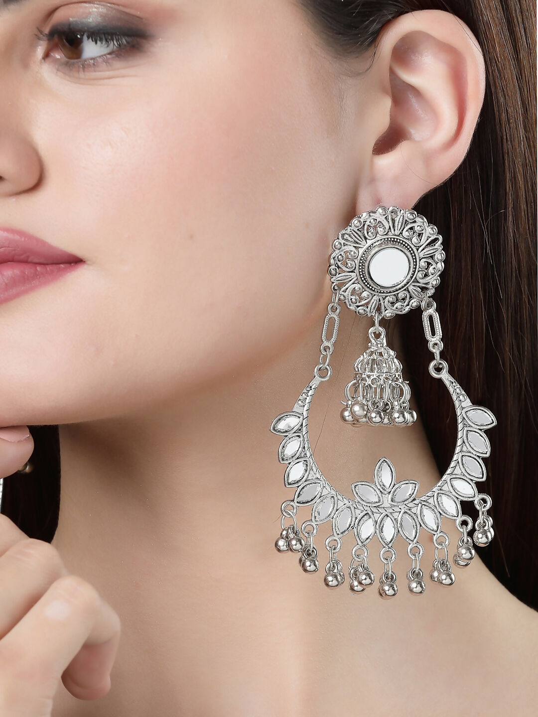 NVR Women's Silver-Plated Mirror Work Oxidised Chandbali Earrings | Swadesiicart