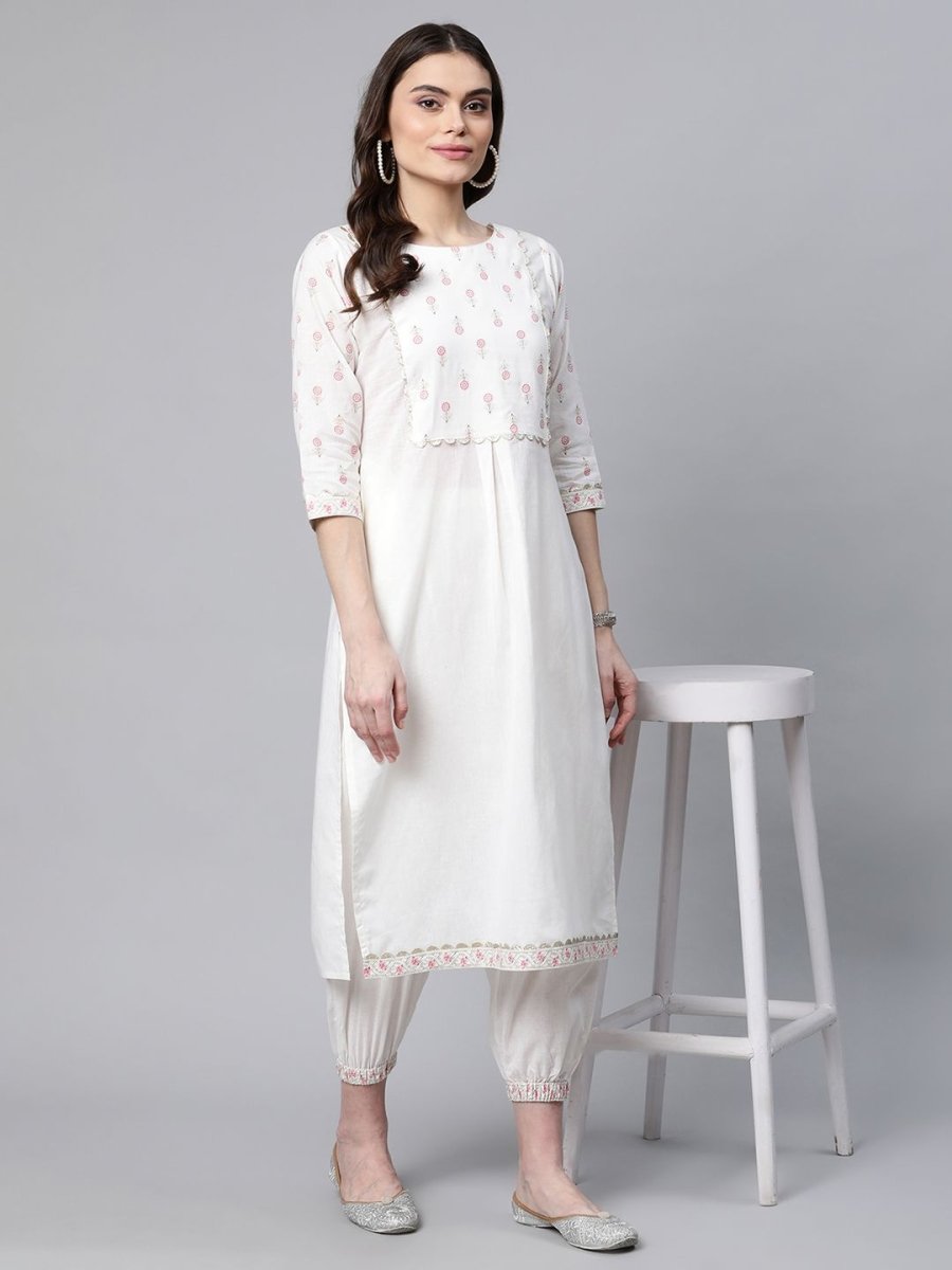 Ahalyaa Women Offwhite Pure Cotton Printed Floral Kurta With Trousers | Swadesiicart
