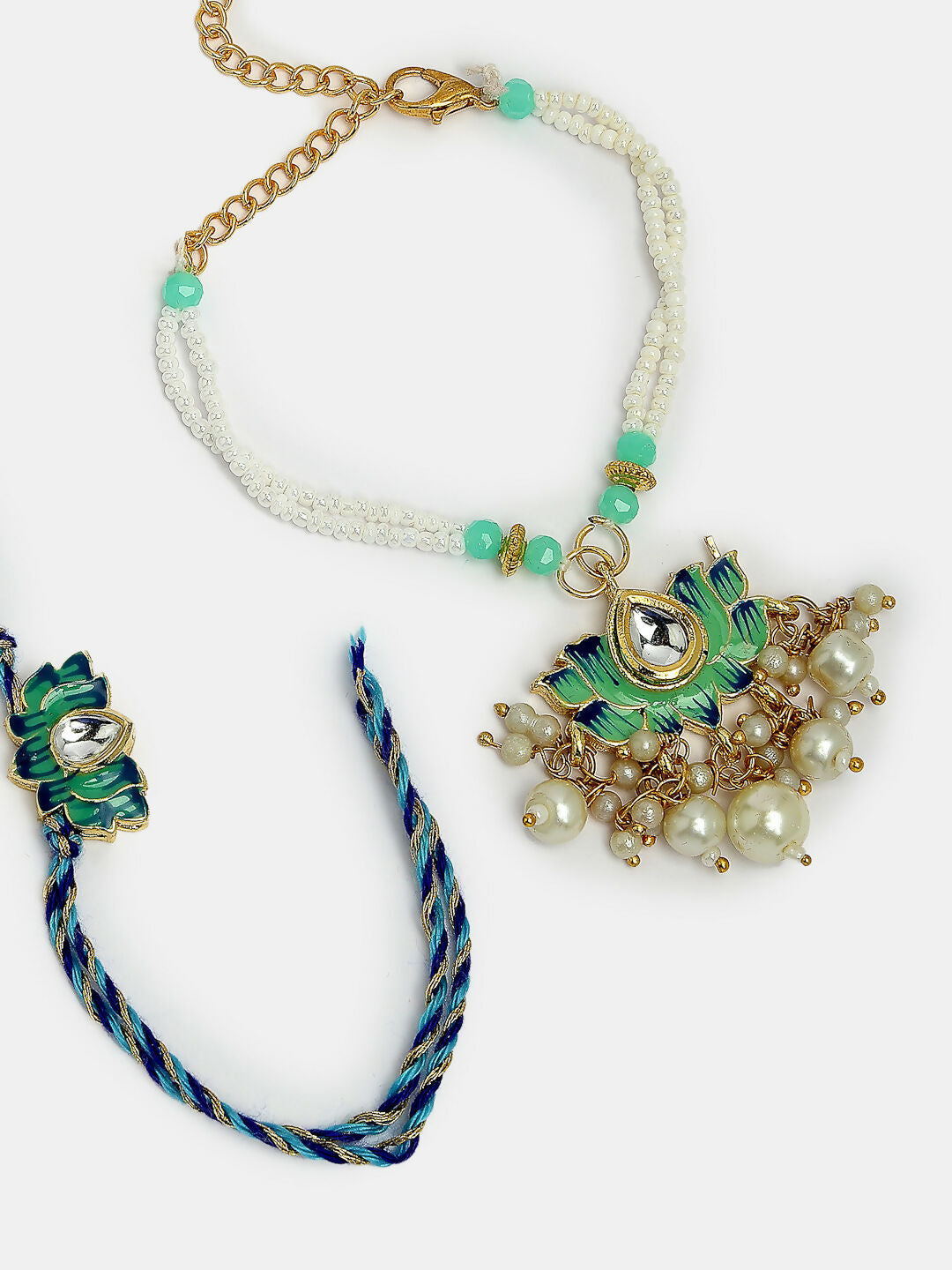 NVR Women & Men Set of 2 Turquoise Blue Lotus Shape Kundan-Studded & Beaded Handcrafted Wraparound Rakhi Set With Roli Chawal | Swadesiicart