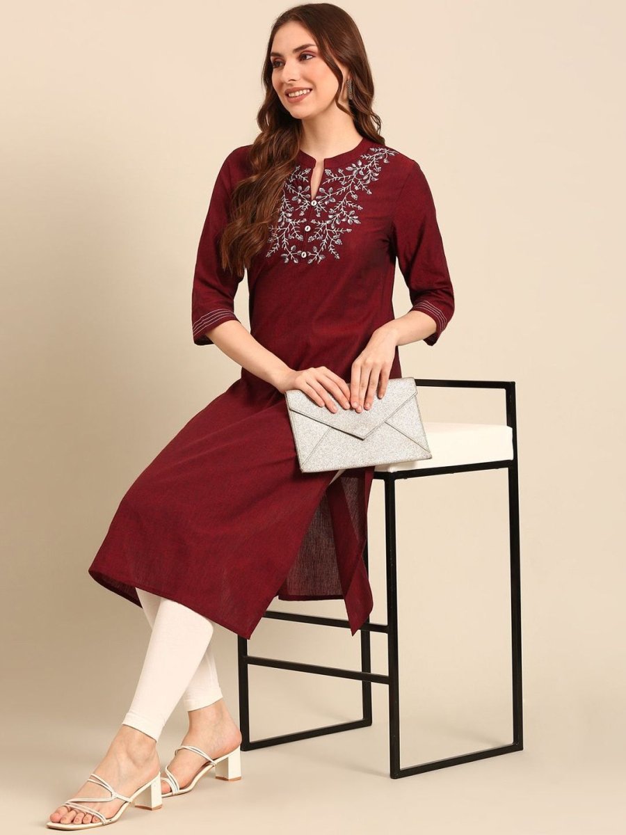 Anouk Notched Neck Thread Work Pure Cotton Straight Kurta - Swadesiicart