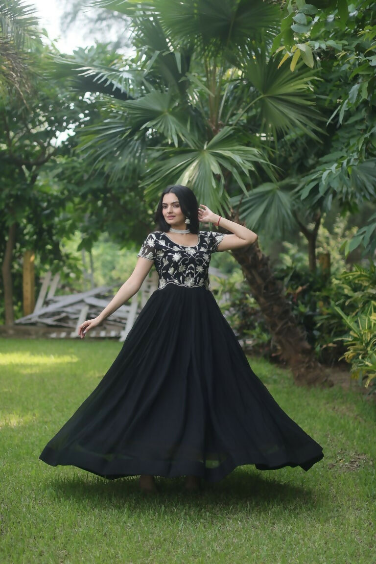 Jyoti Fashion Women's Black Sequins Embroidered Faux Georgette Anarkali Dress | Swadesiicart