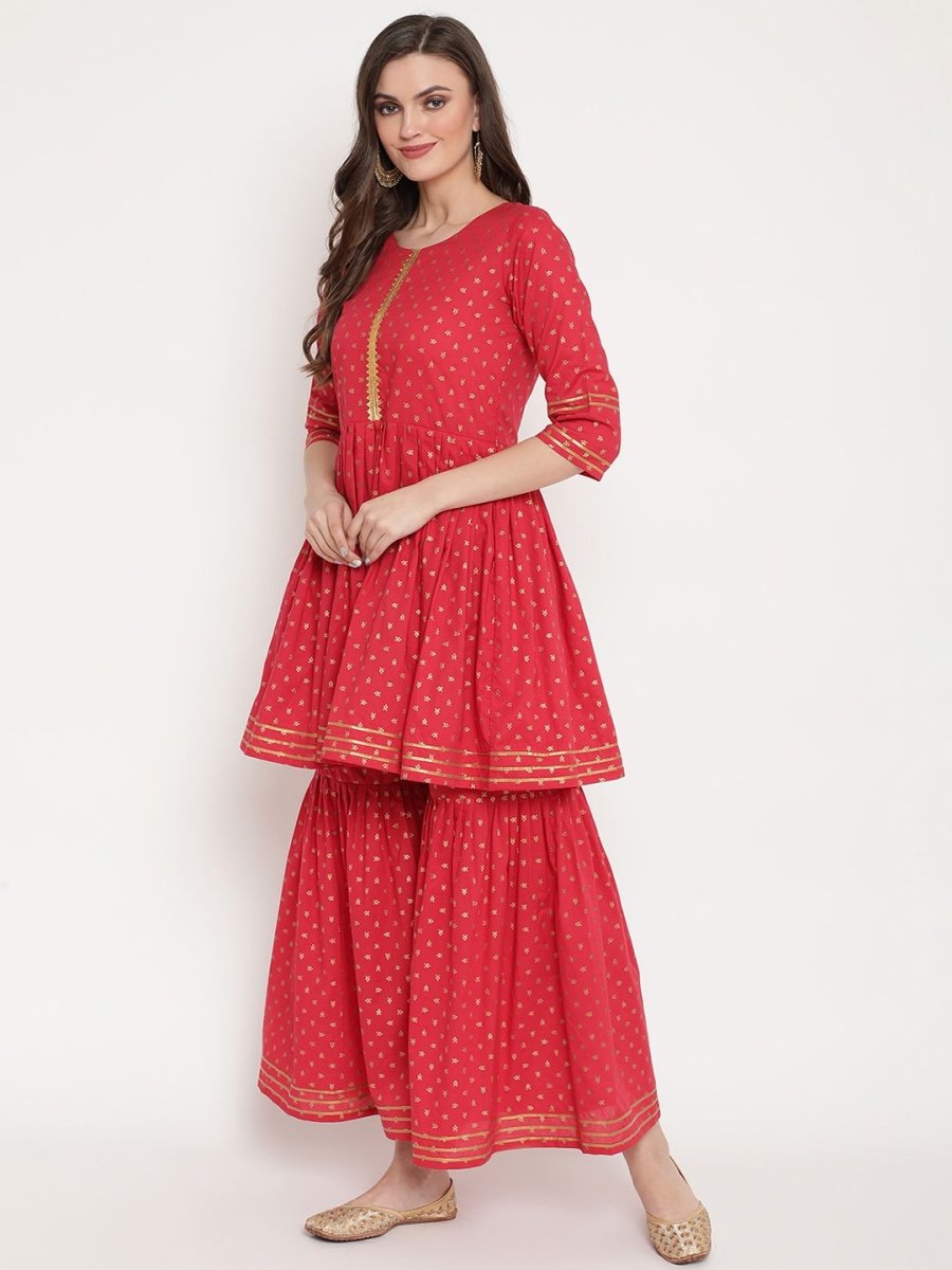 Ahalyaa Women's Red Cotton Gold Print Kurta Sharara Set | Swadesiicart