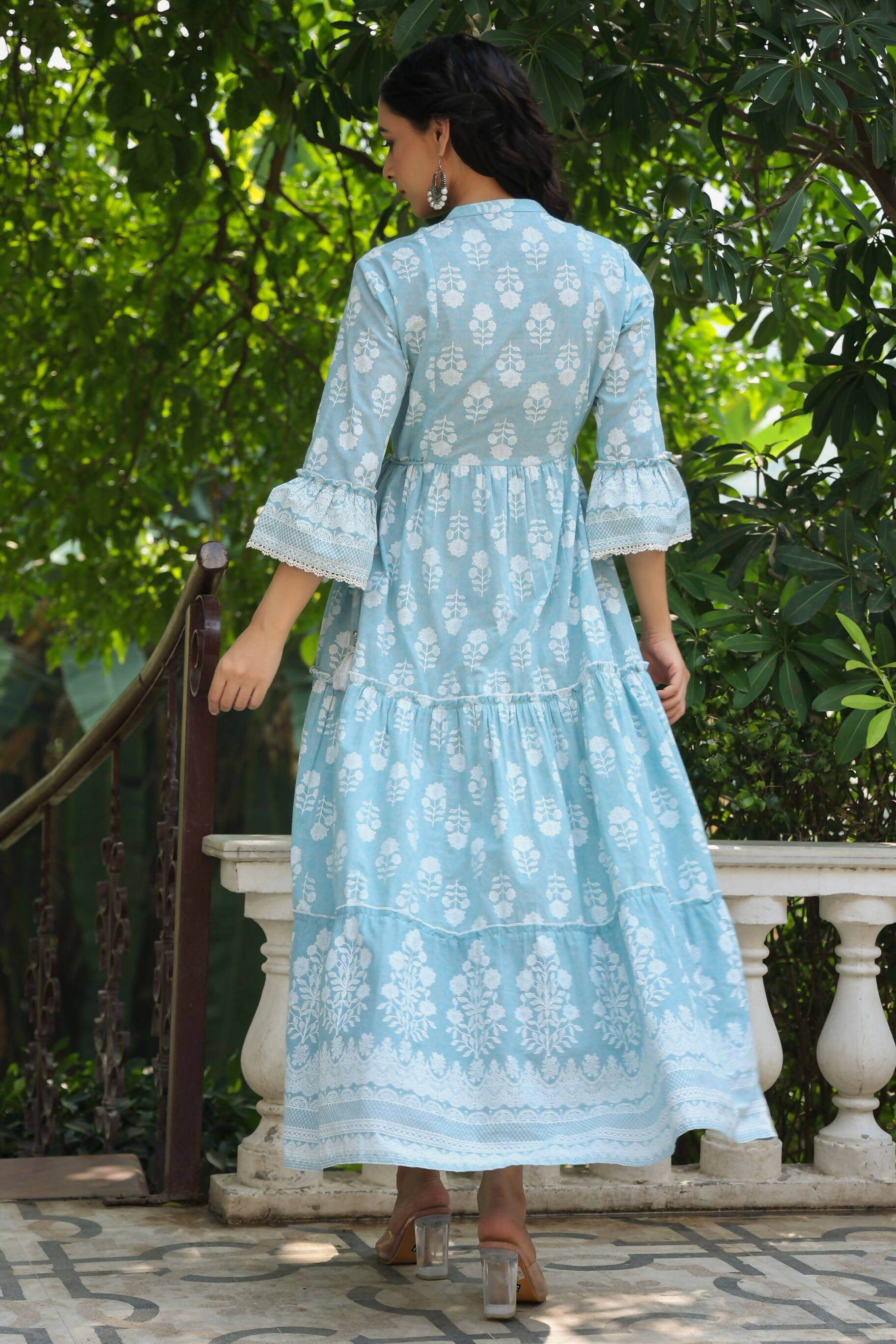 Juniper Women's Skyblue Cambric Floral Printed Maxi Tiered Dress | Swadesiicart