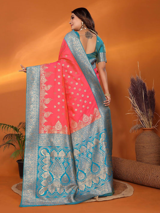 Joban Fashion Banarasi Pink Woven Soft Silk Saree | Swadesiicart