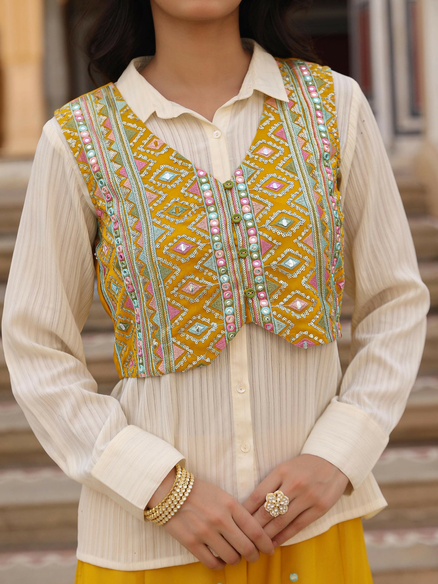 Juniper Women's Mustard Thread Embroidered Georgette Shirt Jacket & Palazzo Set With Mirror Work & Sequins - Swadesiicart