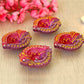 Tied Ribbons Set of 4 Red & Violet Textured Terracotta Diyas | Swadesiicart