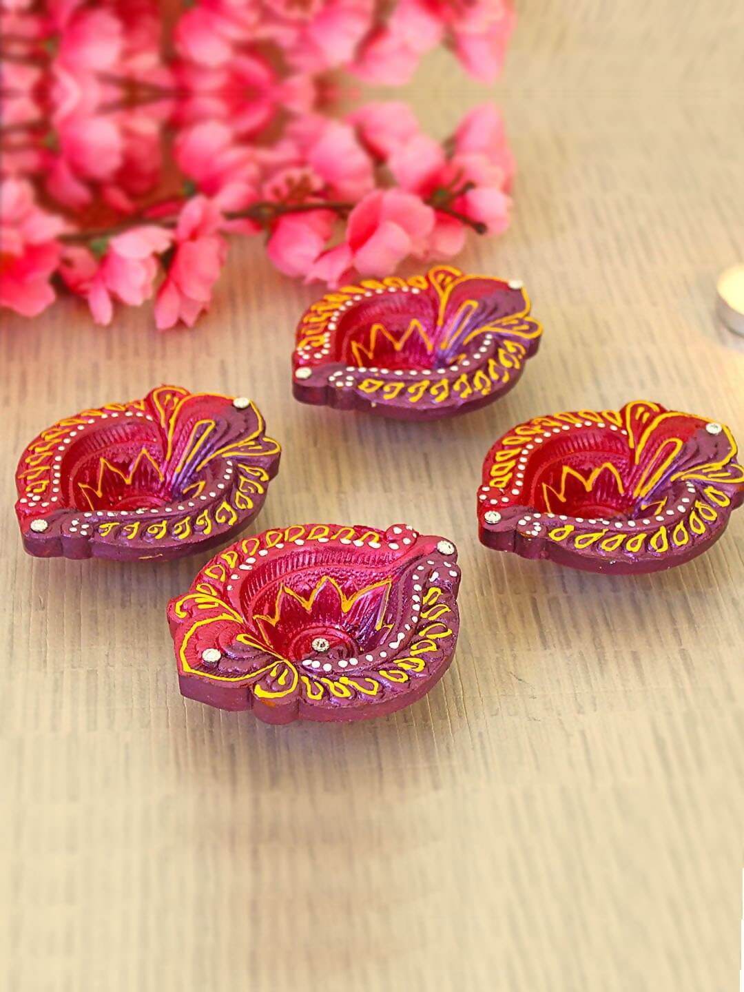 Tied Ribbons Set of 4 Red & Violet Textured Terracotta Diyas | Swadesiicart
