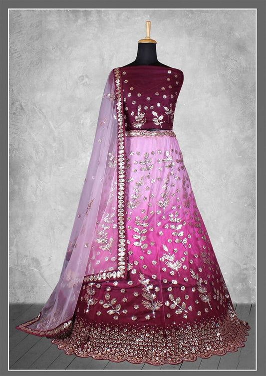 Purple Net Floral Sequins And Cord Embroidery, Cut Work Semi-Stitched Lehenga Choli - Nimaya Kangan | Swadesiicart