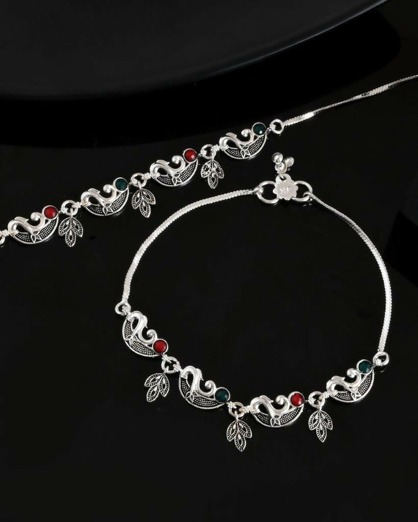 VOJ Set of 2 Silver Plated Meenakari Multi Color Anklet - Swadesiicart